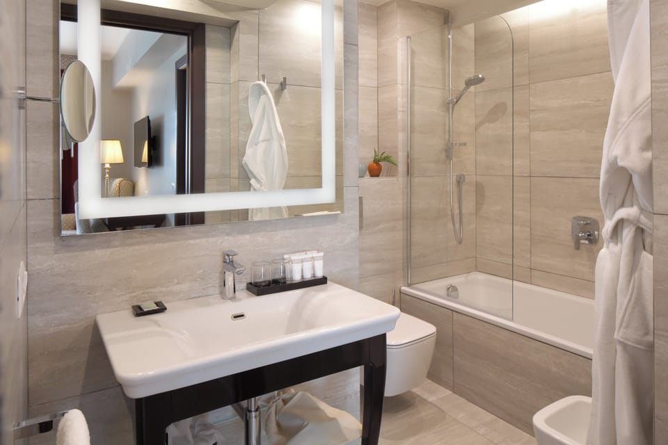 Free toiletries, hair dryer, bidet, towels