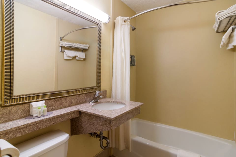 Combined shower/tub, free toiletries, hair dryer, towels