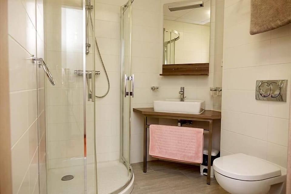 Shower, free toiletries, hair dryer, towels