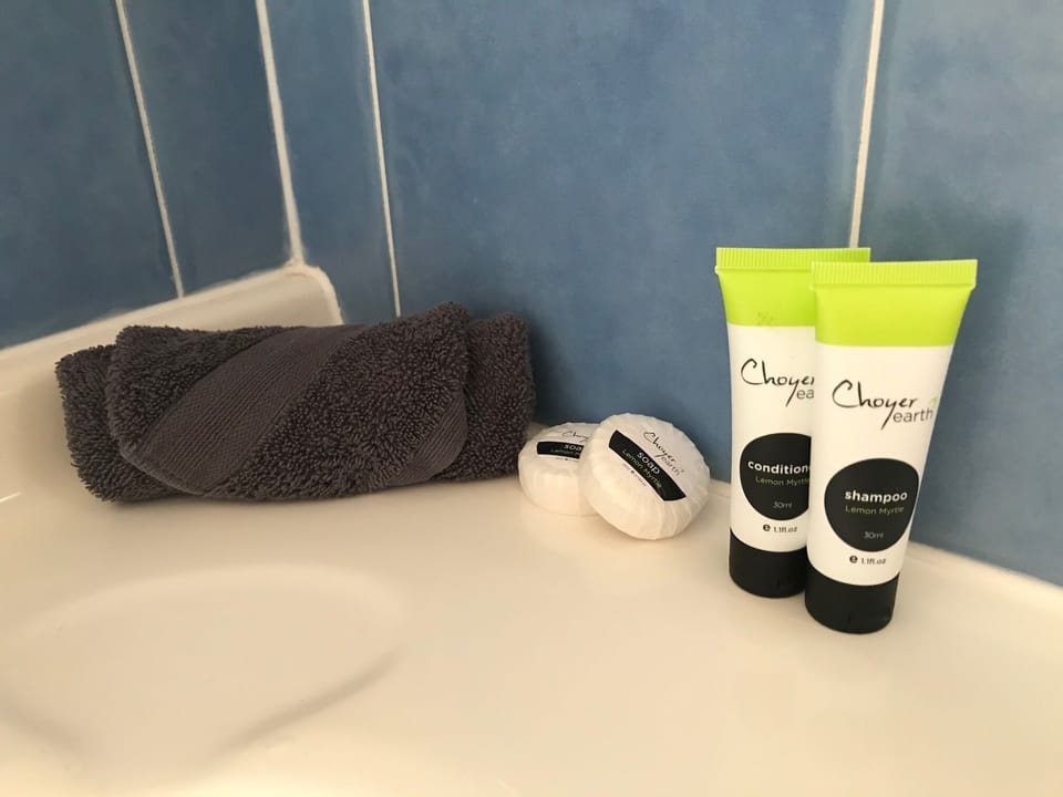 Shower, free toiletries, towels, shampoo