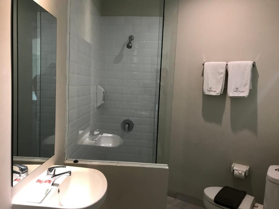 Shower, free toiletries, slippers, towels