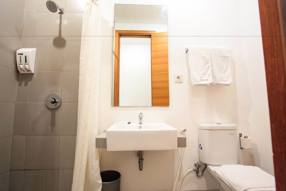 Shower, free toiletries, slippers, towels