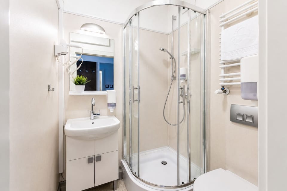 Shower, free toiletries, hair dryer, towels