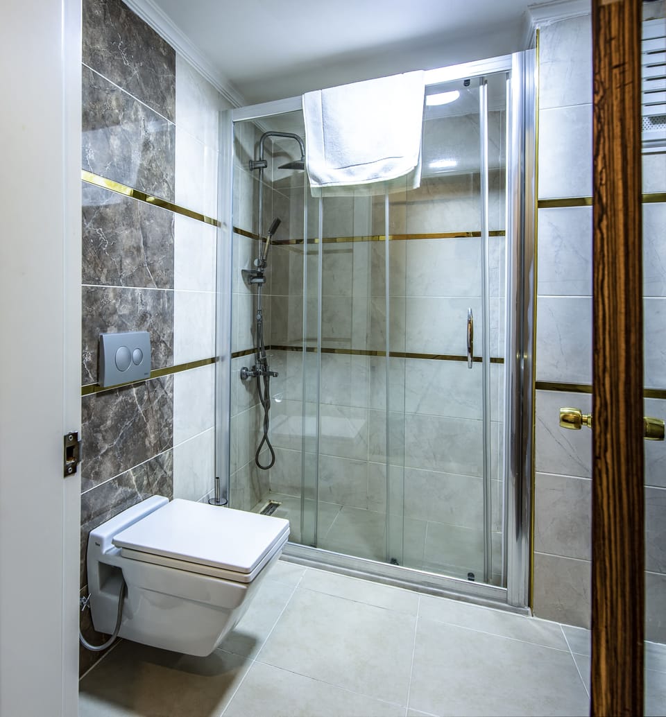 Shower, free toiletries, hair dryer, slippers