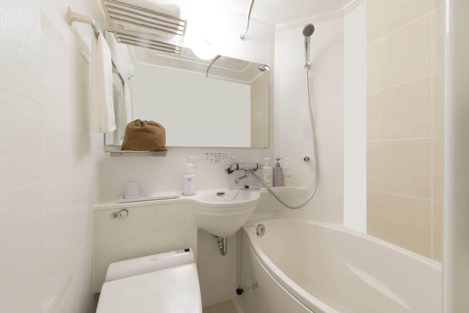 Combined shower/tub, free toiletries, hair dryer, slippers