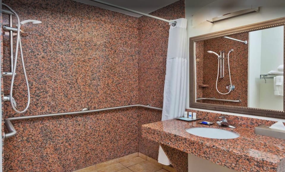 Combined shower/tub, free toiletries, hair dryer, towels