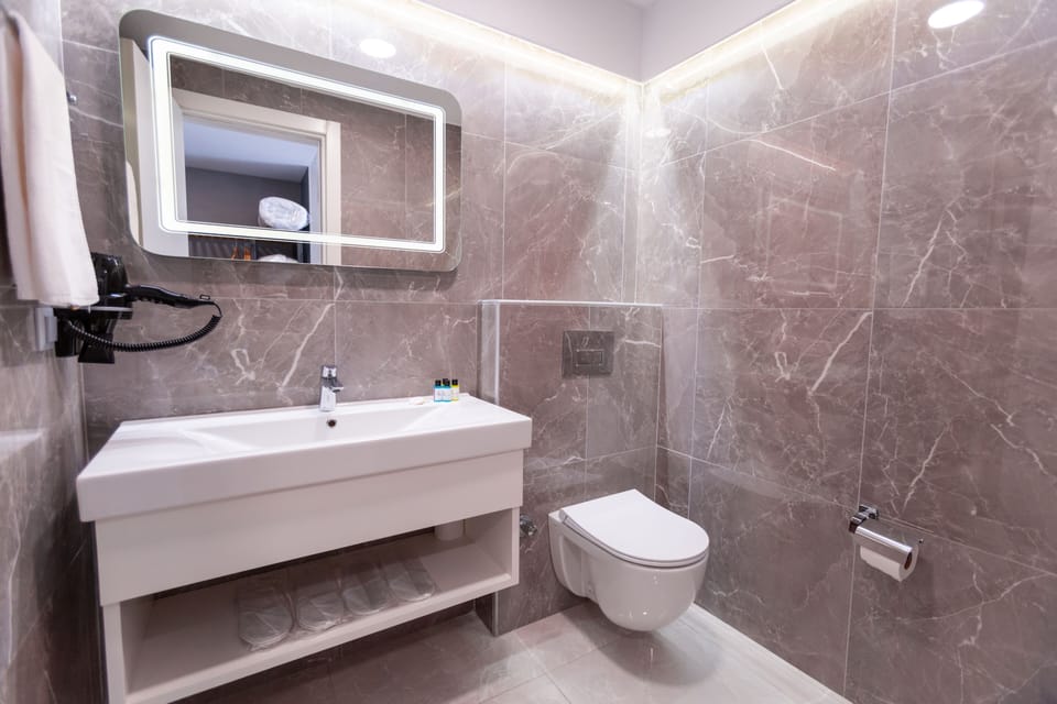 Shower, free toiletries, hair dryer, slippers