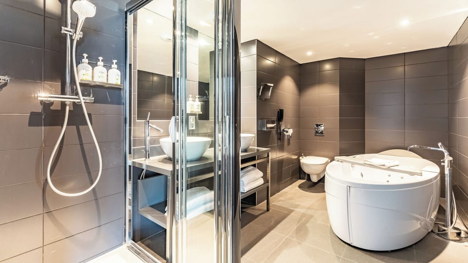 Suite, 1 King Bed with Sofa bed | Bathroom | Free toiletries, hair dryer, towels, soap