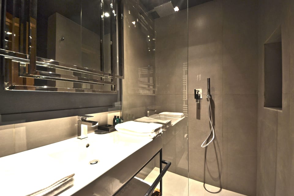 Design Double Room, 1 King Bed | Bathroom | Shower, rainfall showerhead, designer toiletries, hair dryer