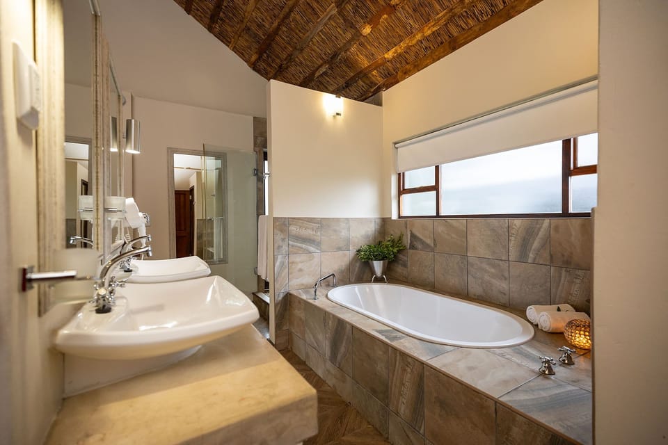 Separate tub and shower, free toiletries, hair dryer, bathrobes