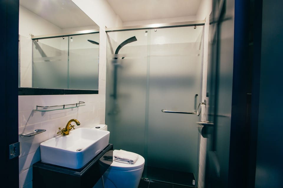 Shower, free toiletries, hair dryer