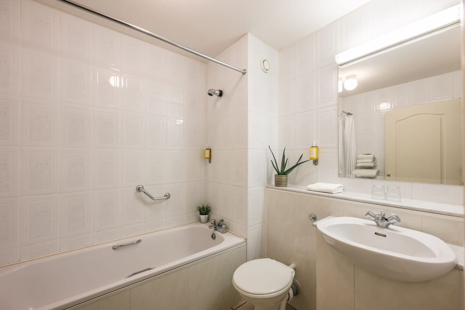 Combined shower/tub, free toiletries, hair dryer, towels