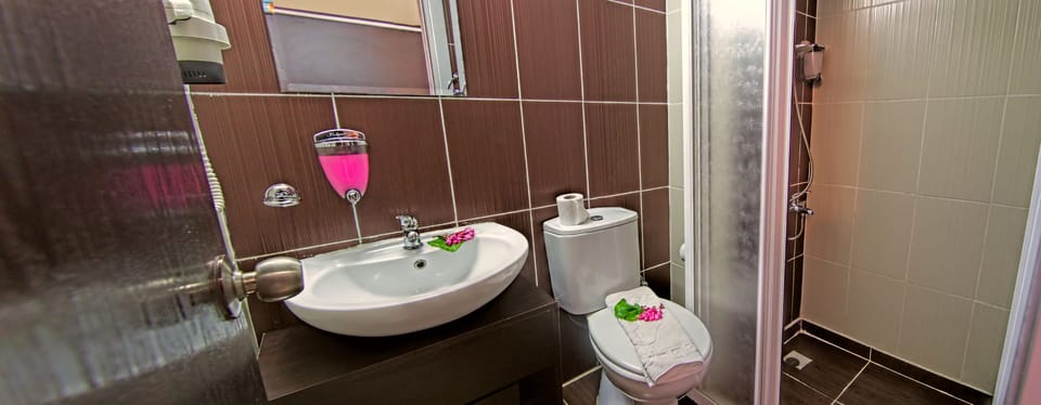 Shower, free toiletries, hair dryer, slippers