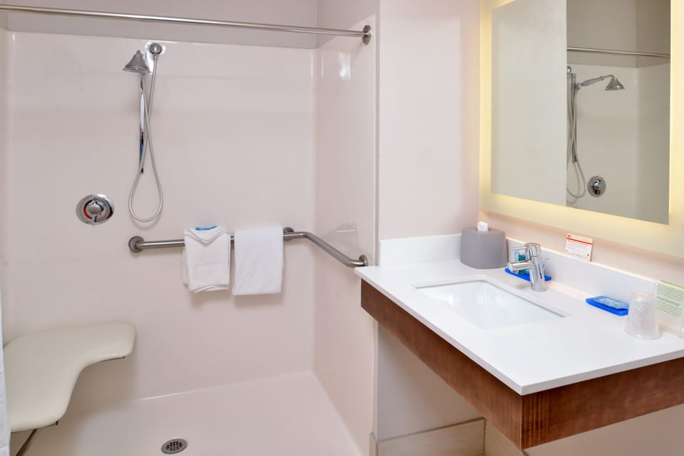 Standard Room, 1 King Bed, Accessible (Mobility Roll-In Shower) | Bathroom | Combined shower/tub, free toiletries, hair dryer, towels