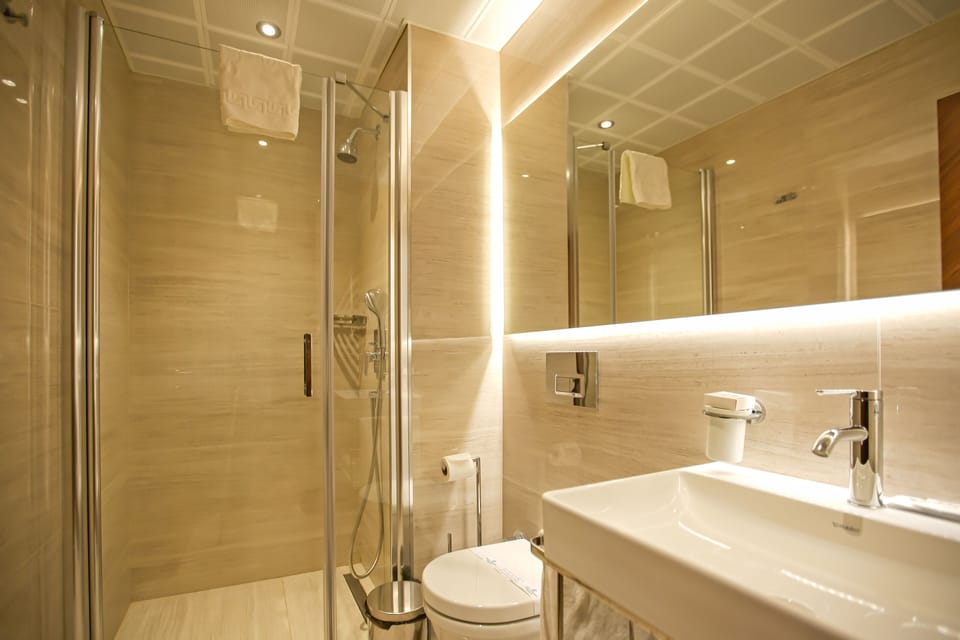 Shower, hydromassage showerhead, free toiletries, hair dryer