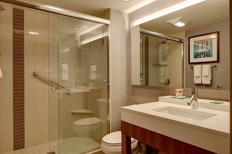 Designer toiletries, hair dryer, towels