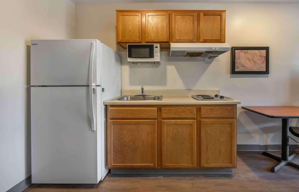 Full-size fridge, microwave, stovetop, freezer