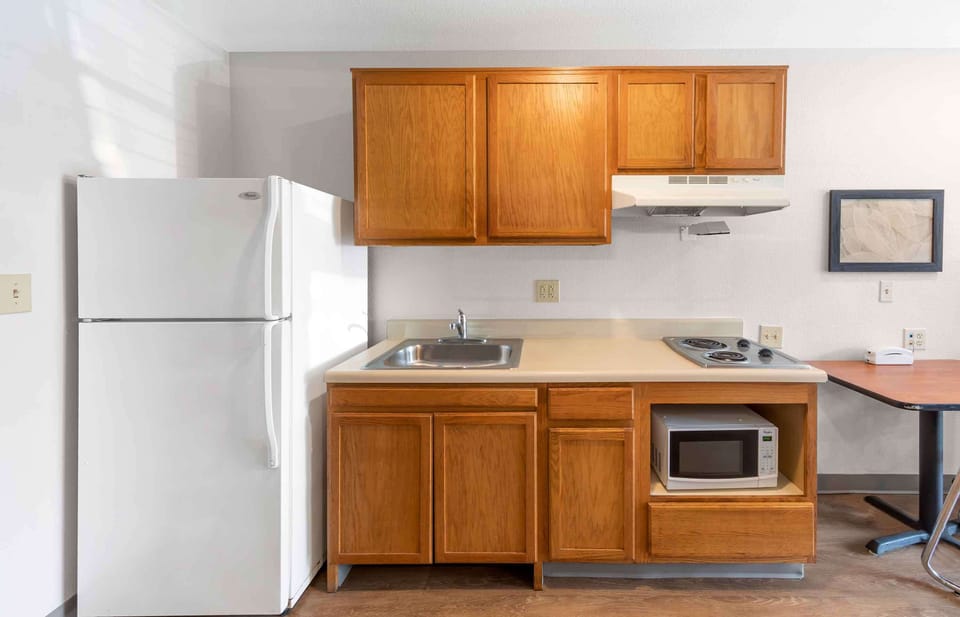 Full-size fridge, microwave, stovetop, freezer