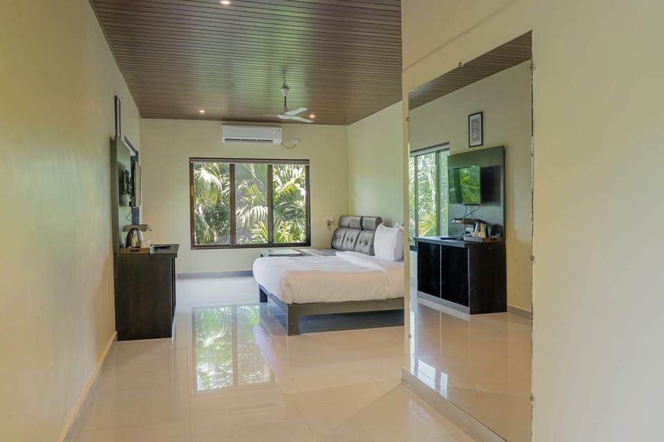 Forest Room | Desk, laptop workspace, blackout drapes, iron/ironing board