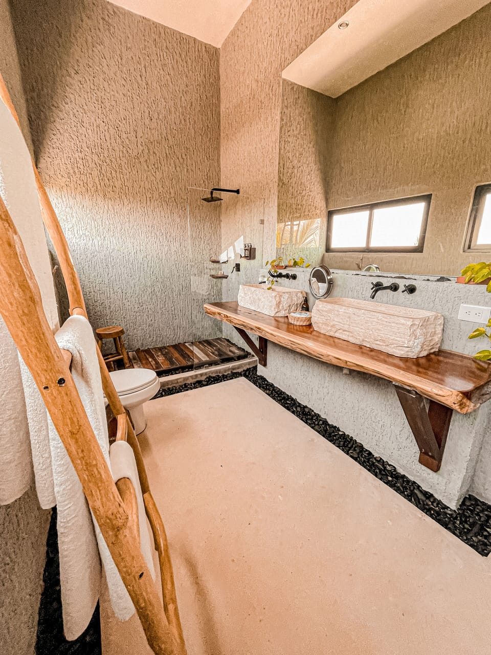 Shower, rainfall showerhead, designer toiletries, hair dryer