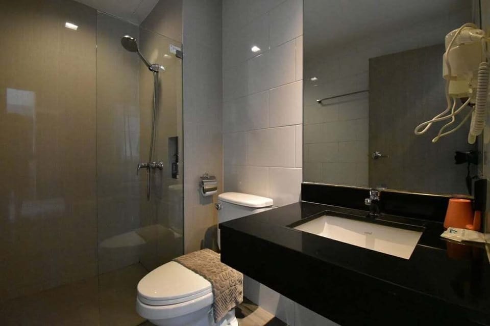 Shower, free toiletries, hair dryer, towels