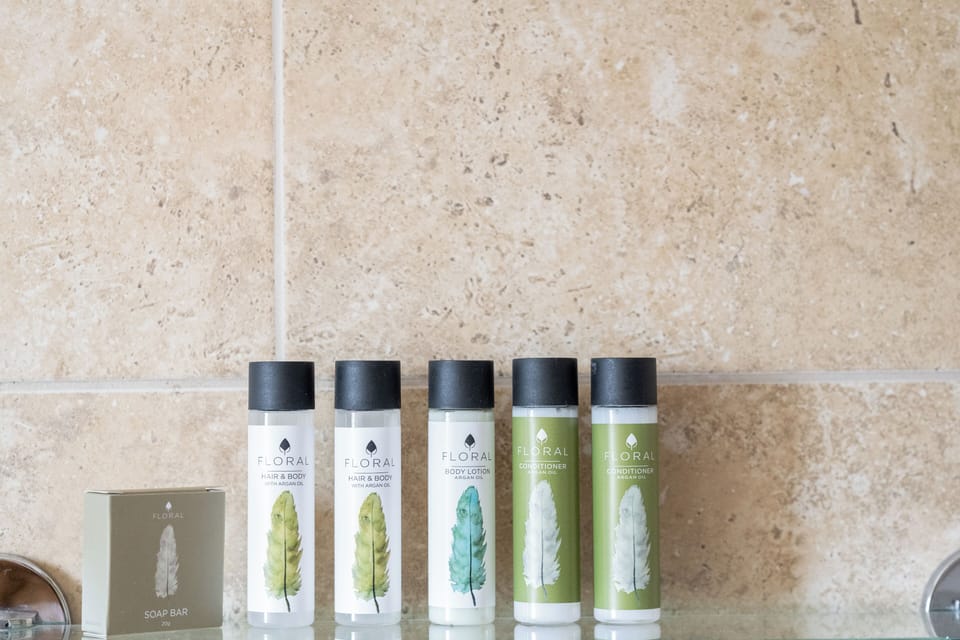 Combined shower/tub, free toiletries, hair dryer, towels