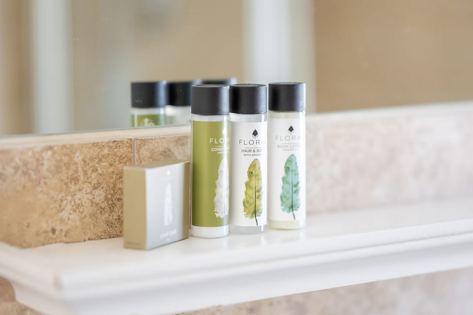 Combined shower/tub, free toiletries, hair dryer, towels