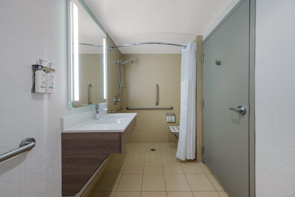 Hair dryer, towels, soap, shampoo