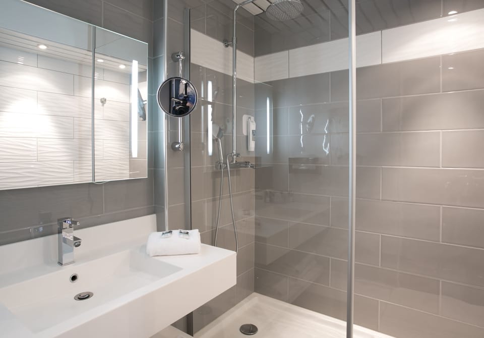 Eco-friendly toiletries, hair dryer, towels