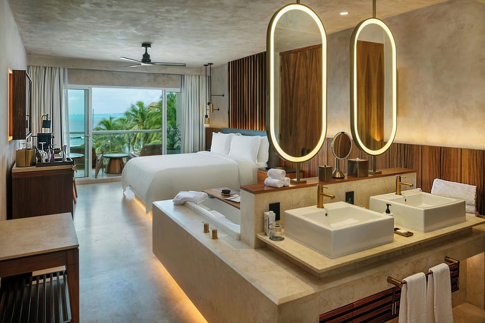 Separate tub and shower, deep soaking tub, free toiletries, hair dryer