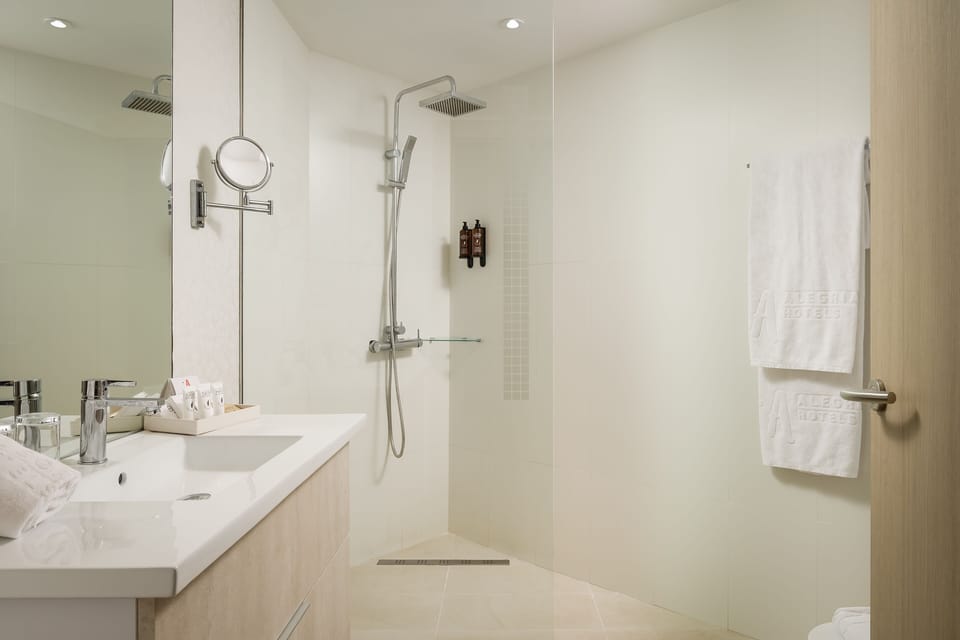 Shower, free toiletries, hair dryer, towels