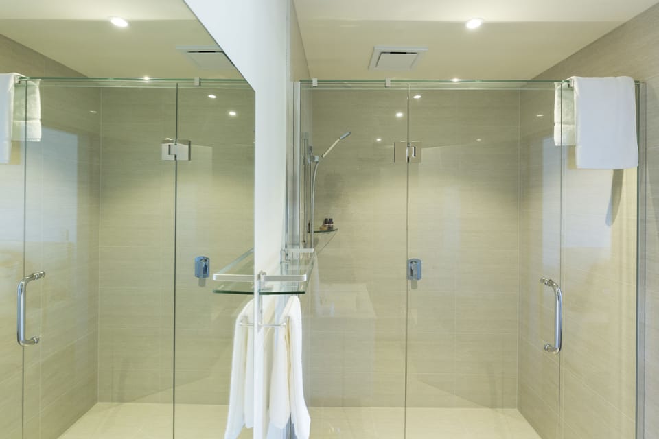 Shower, free toiletries, hair dryer, towels