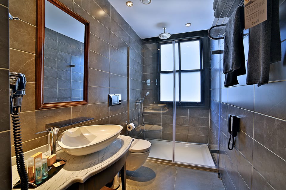 Shower, eco-friendly toiletries, hair dryer, slippers