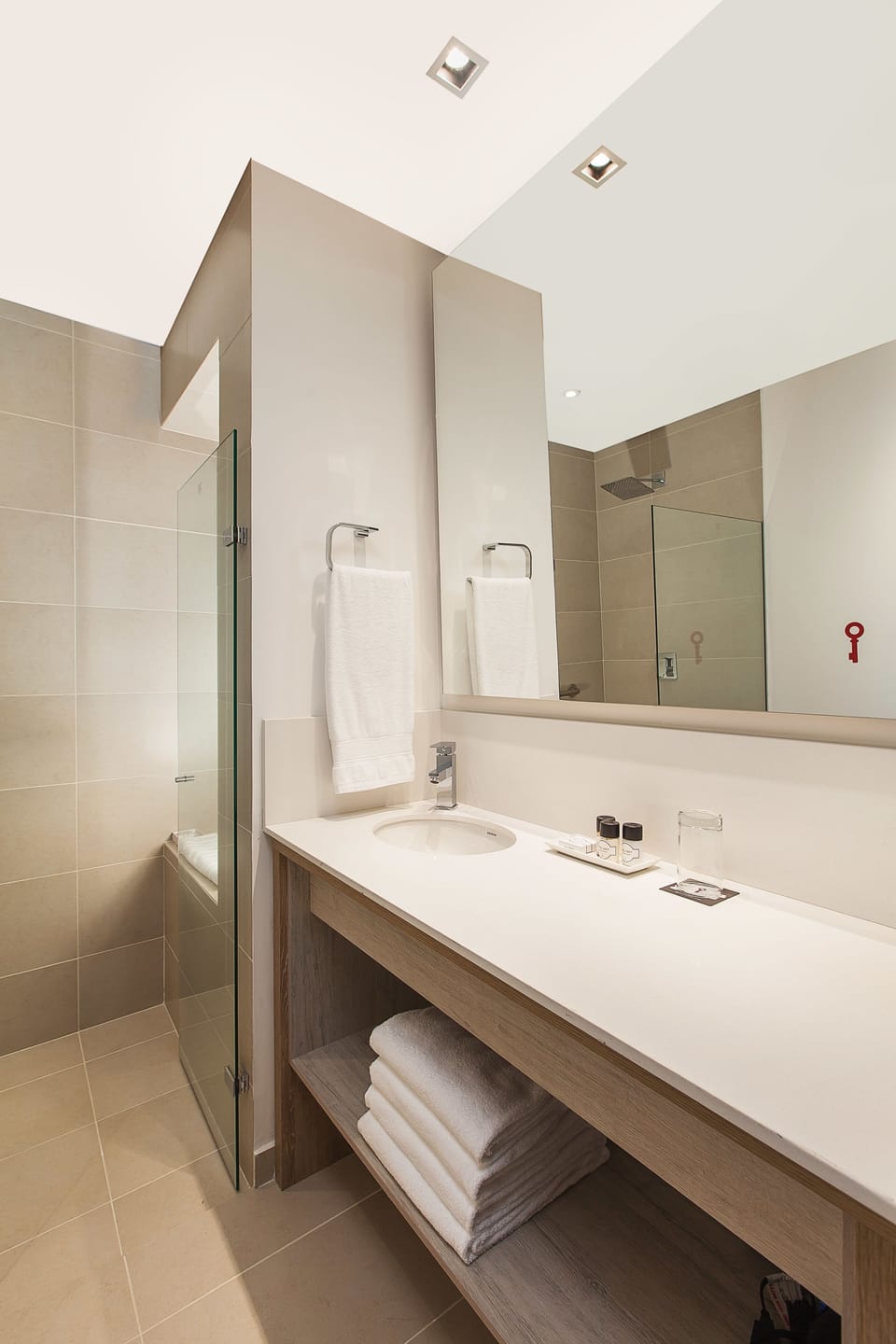 Shower, free toiletries, hair dryer, towels