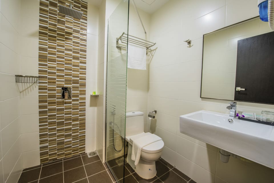 Shower, free toiletries, hair dryer, bidet