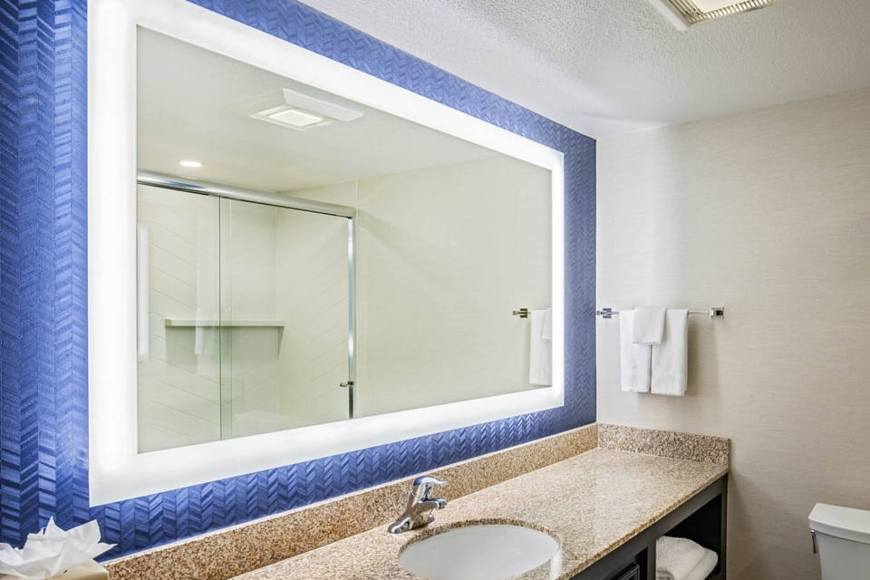 Combined shower/tub, free toiletries, hair dryer, towels