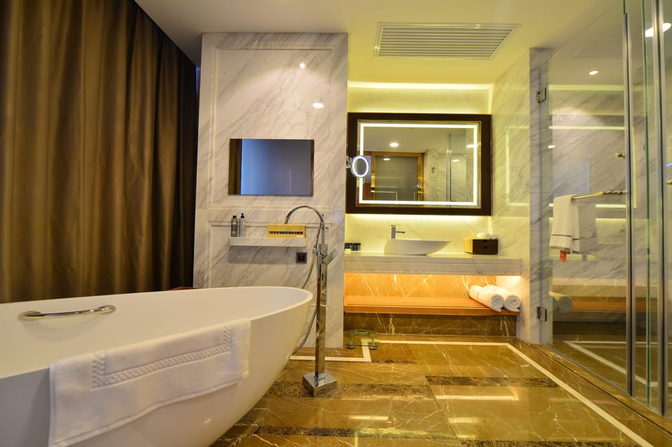 Separate tub and shower, free toiletries, hair dryer, bathrobes