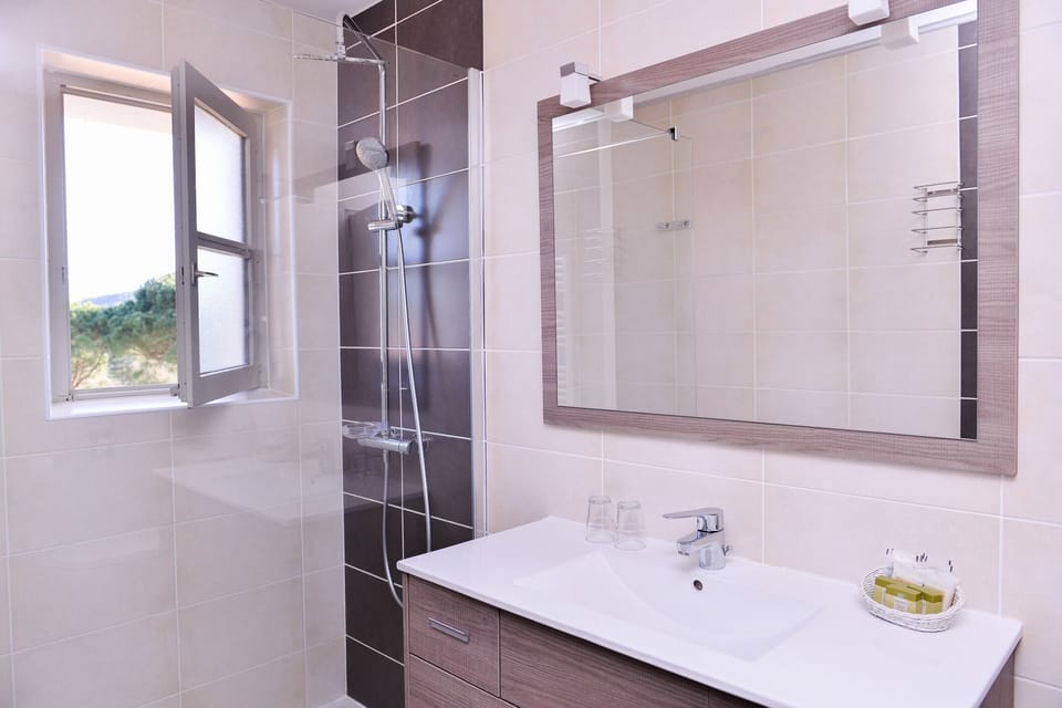 Shower, hair dryer, towels