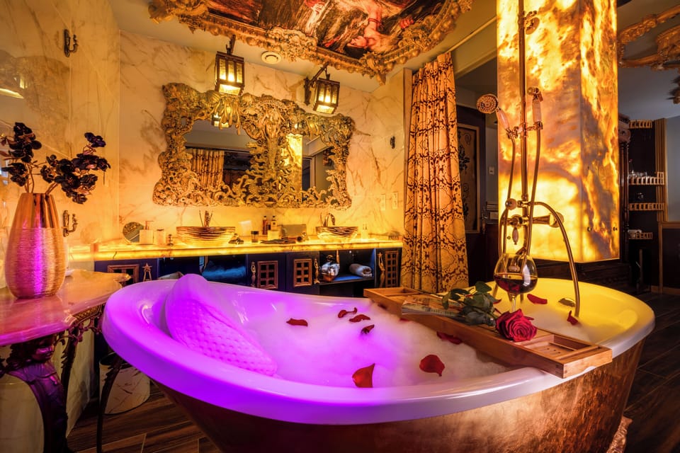 Separate tub and shower, free toiletries, hair dryer, bathrobes