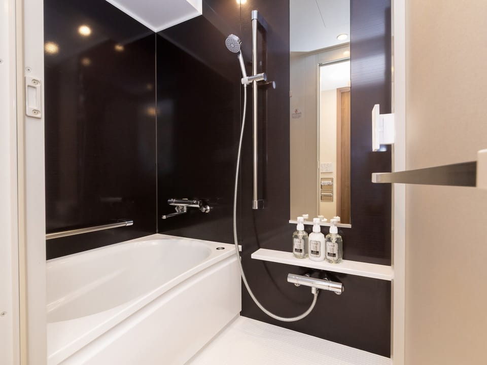 Combined shower/tub, free toiletries, hair dryer, slippers