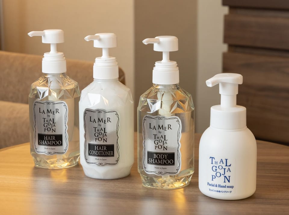 Combined shower/tub, free toiletries, hair dryer, slippers