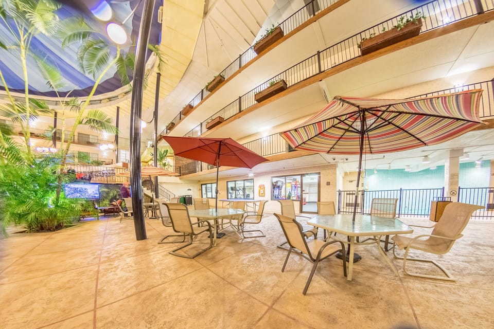 Indoor pool, open 8:00 AM to 10:00 PM, pool umbrellas, sun loungers