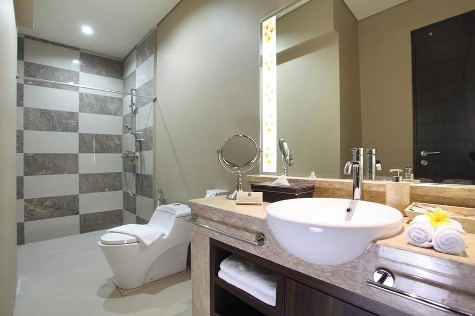 Shower, free toiletries, hair dryer, bathrobes