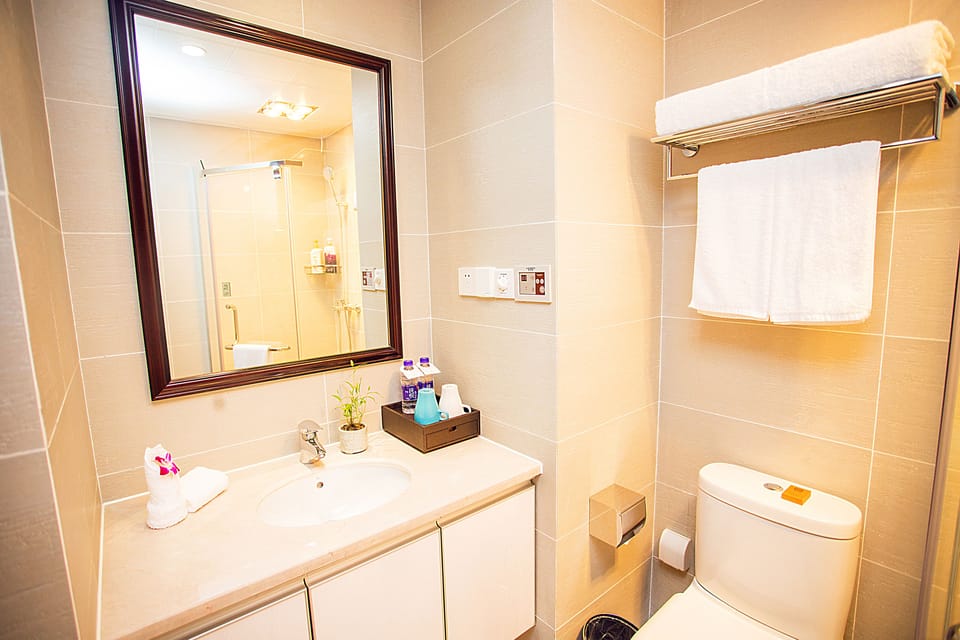 Shower, free toiletries, hair dryer, bathrobes