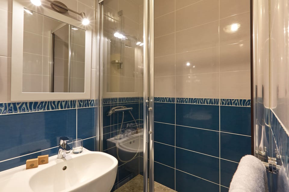 Shower, free toiletries, hair dryer, towels