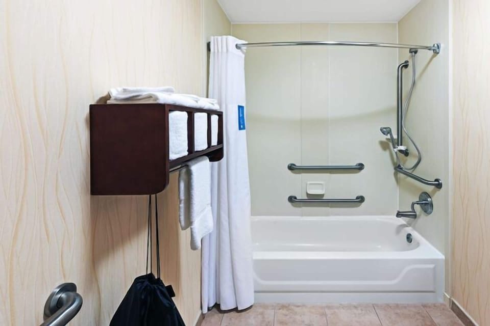Hair dryer, towels, soap, shampoo
