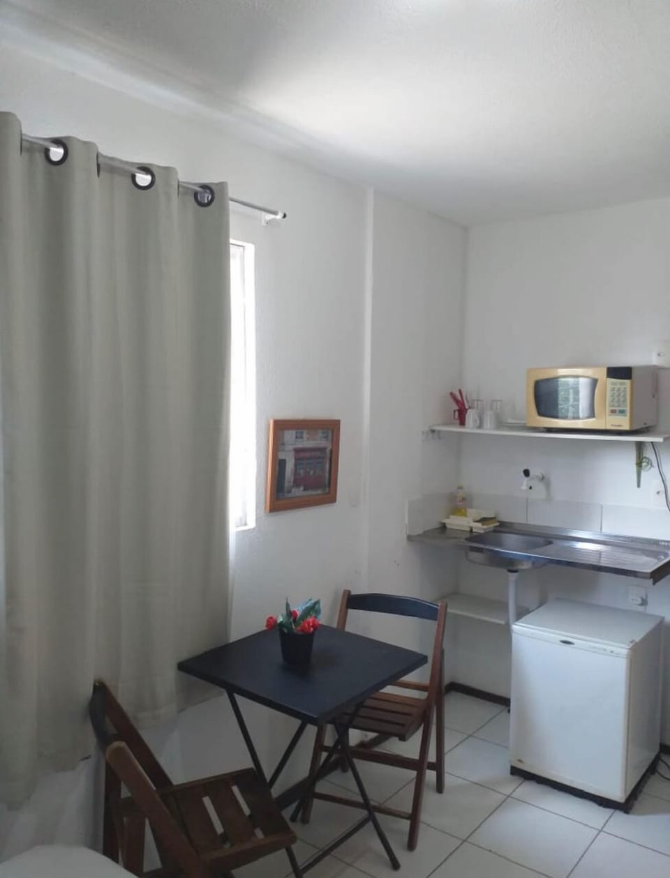 Fridge, microwave, cookware/dishes/utensils