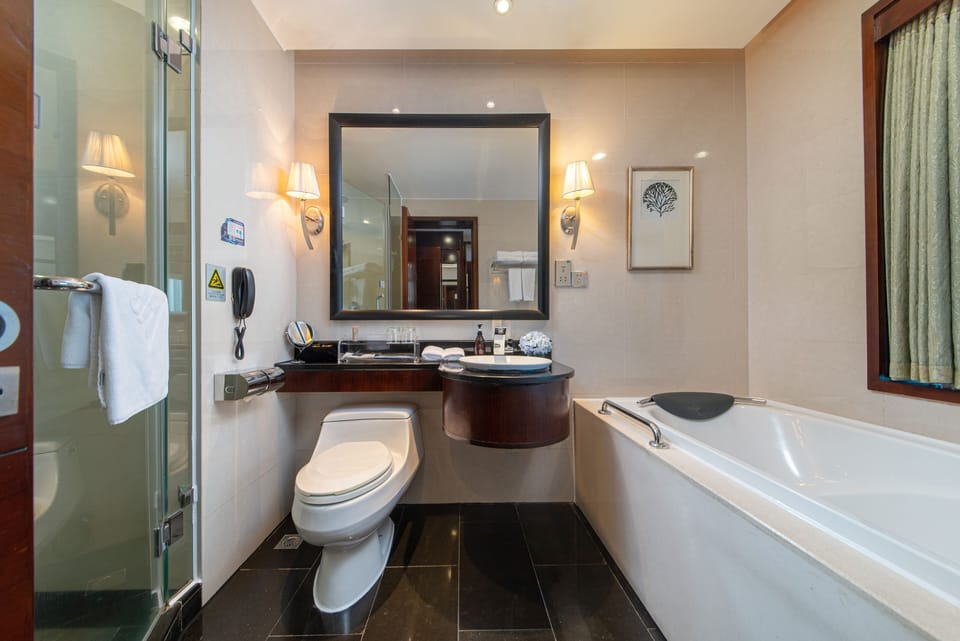 Hair dryer, bathrobes, slippers, towels