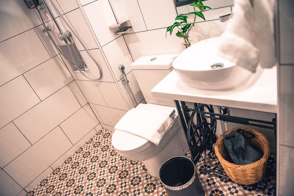 Hair dryer, bidet, shampoo, toilet paper