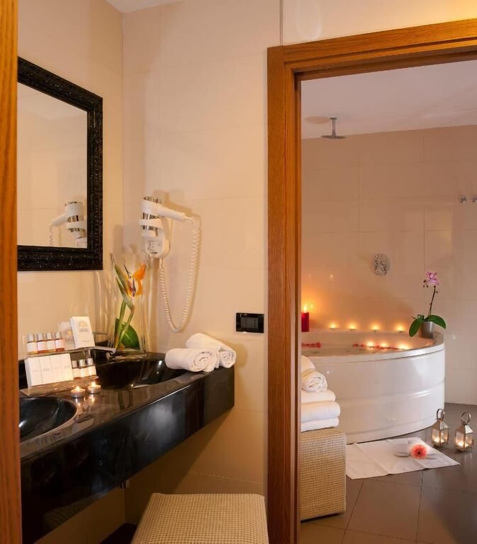 Hair dryer, bidet, towels, soap
